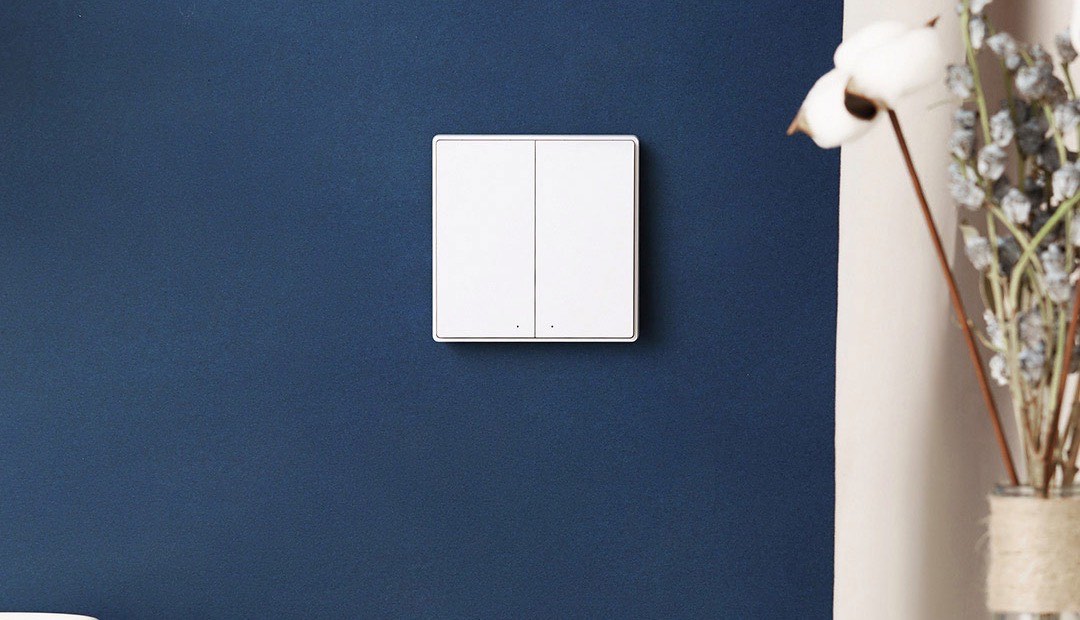 Aqara Smart Wall Switch D1 mounted on a deep-blue feature wall beside dried cotton stems