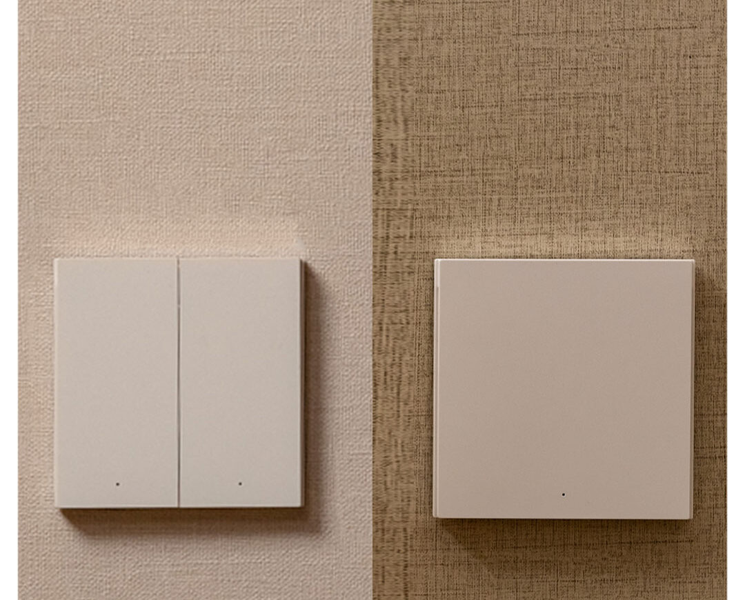 A two-way lighting setup using two Wall Switch H1 units on a fabric wall
