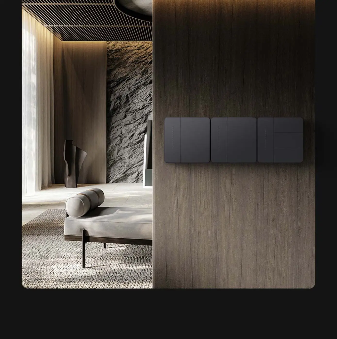 Three Aqara Smart Wall Switch Z1 Pro panels mounted on a wood feature wall in a warmly lit lounge