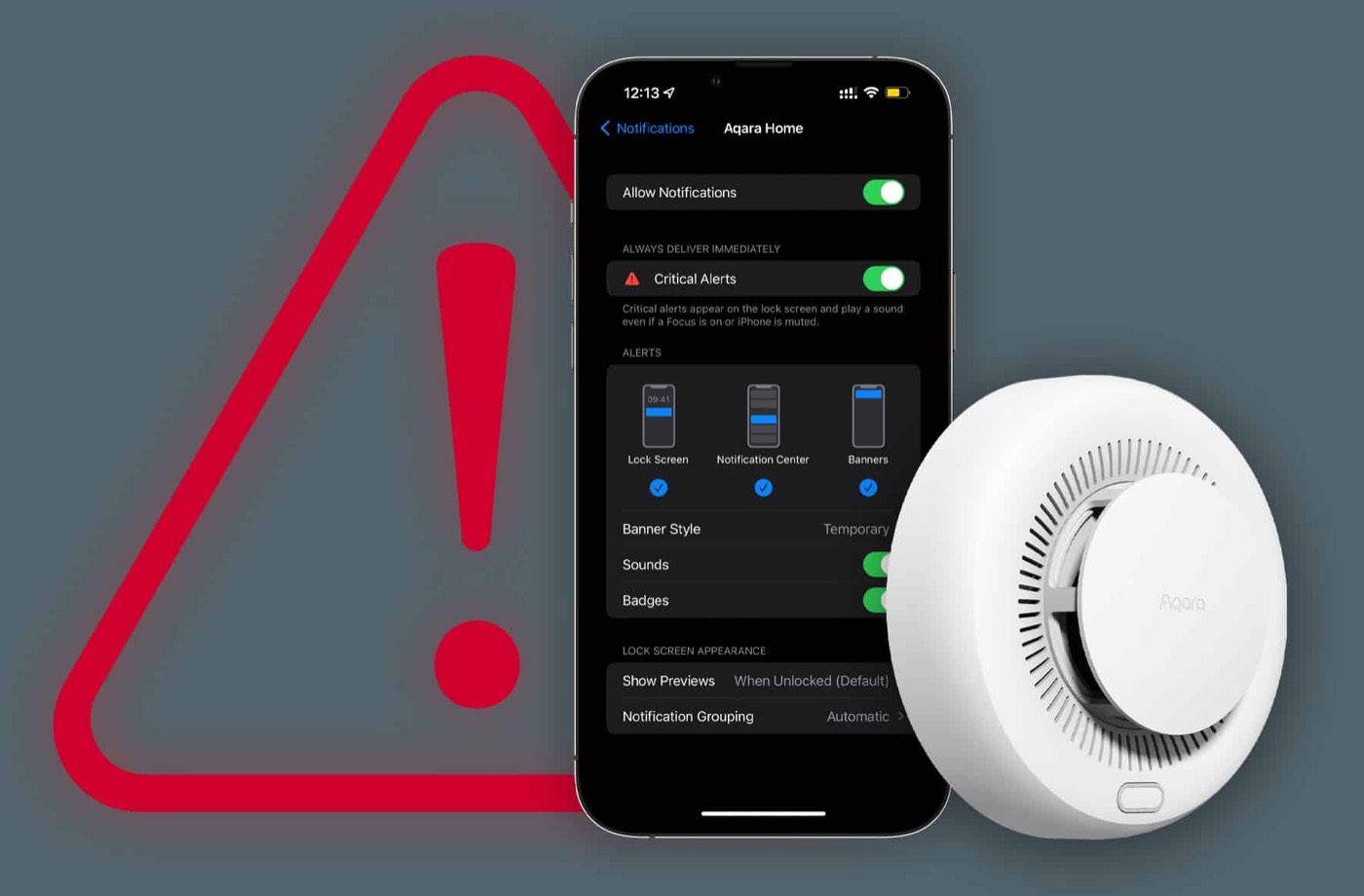 Phone showing an Aqara Home critical alert notification beside the smoke detector