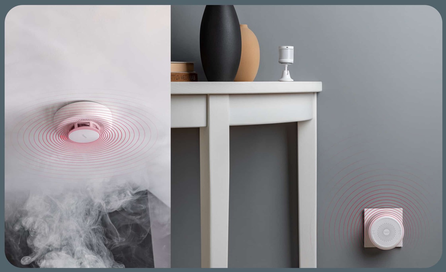 Ceiling smoke detector raising an alarm as smoke rises, with an Aqara hub sounding on the wall nearby