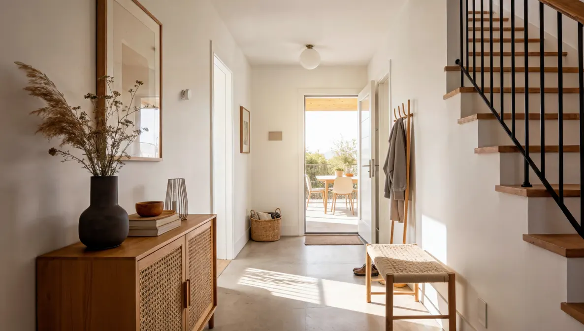 Bright entryway with stairs where an Aqara FP400 triggers a welcome-home scene
