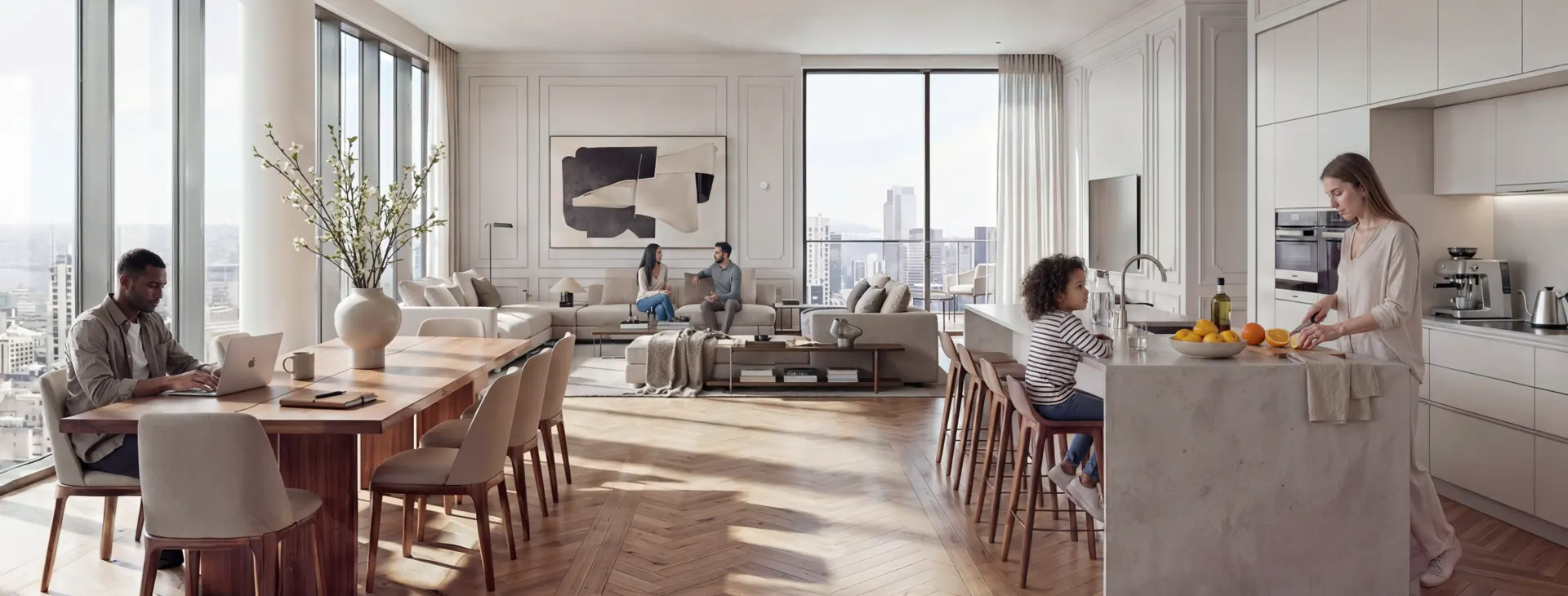 Family moving through an open-plan kitchen and dining room monitored by an Aqara Spatial Multi-Sensor FP400