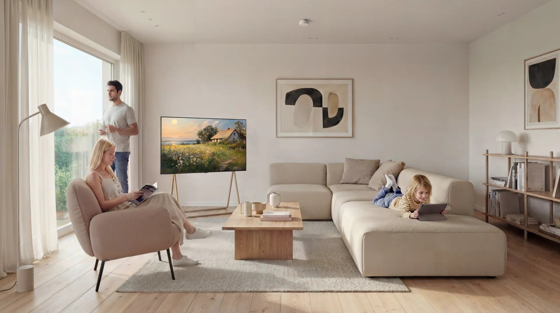 Family relaxing in a sunlit living room while the Aqara FP400 tracks each person's zone