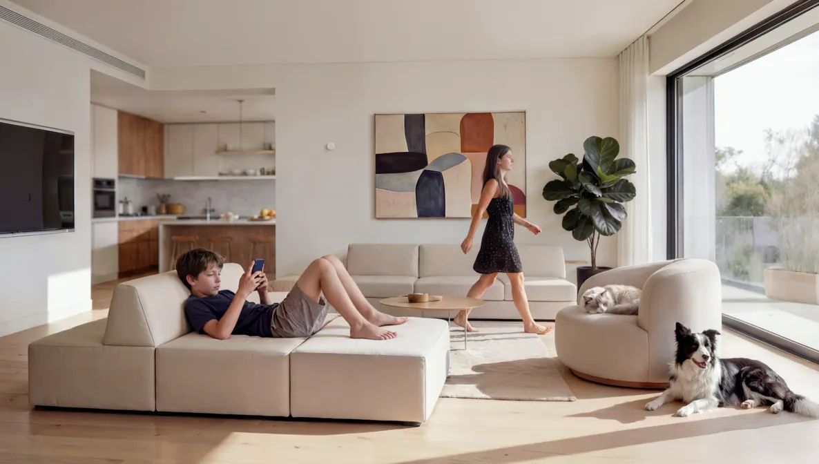Living room with a family and a dog where the Aqara FP400 separates zones and filters out the pet