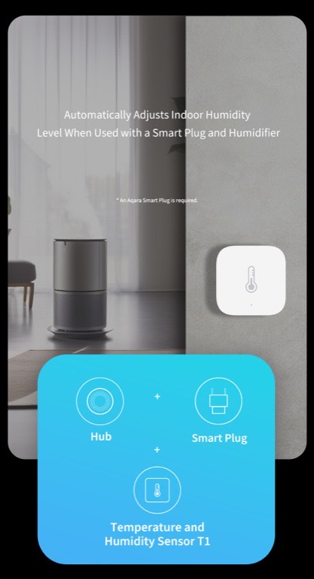 A humidifier running in a living room, triggered by the T1 sensor via an Aqara hub and smart plug