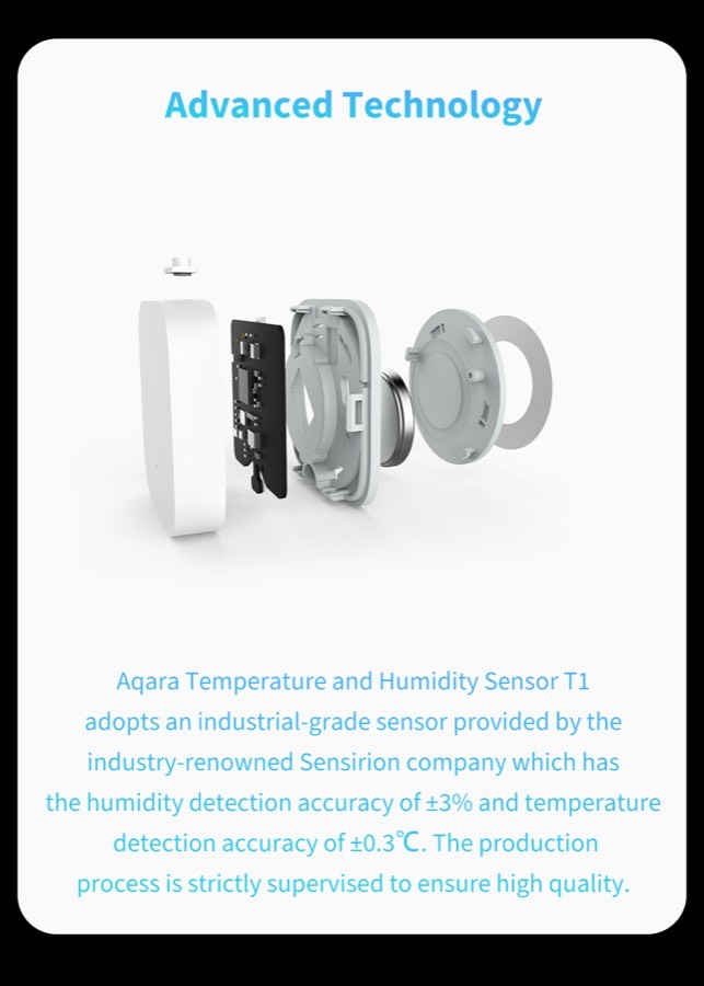 Exploded view of the Temperature and Humidity Sensor T1 showing its internal circuit board and battery