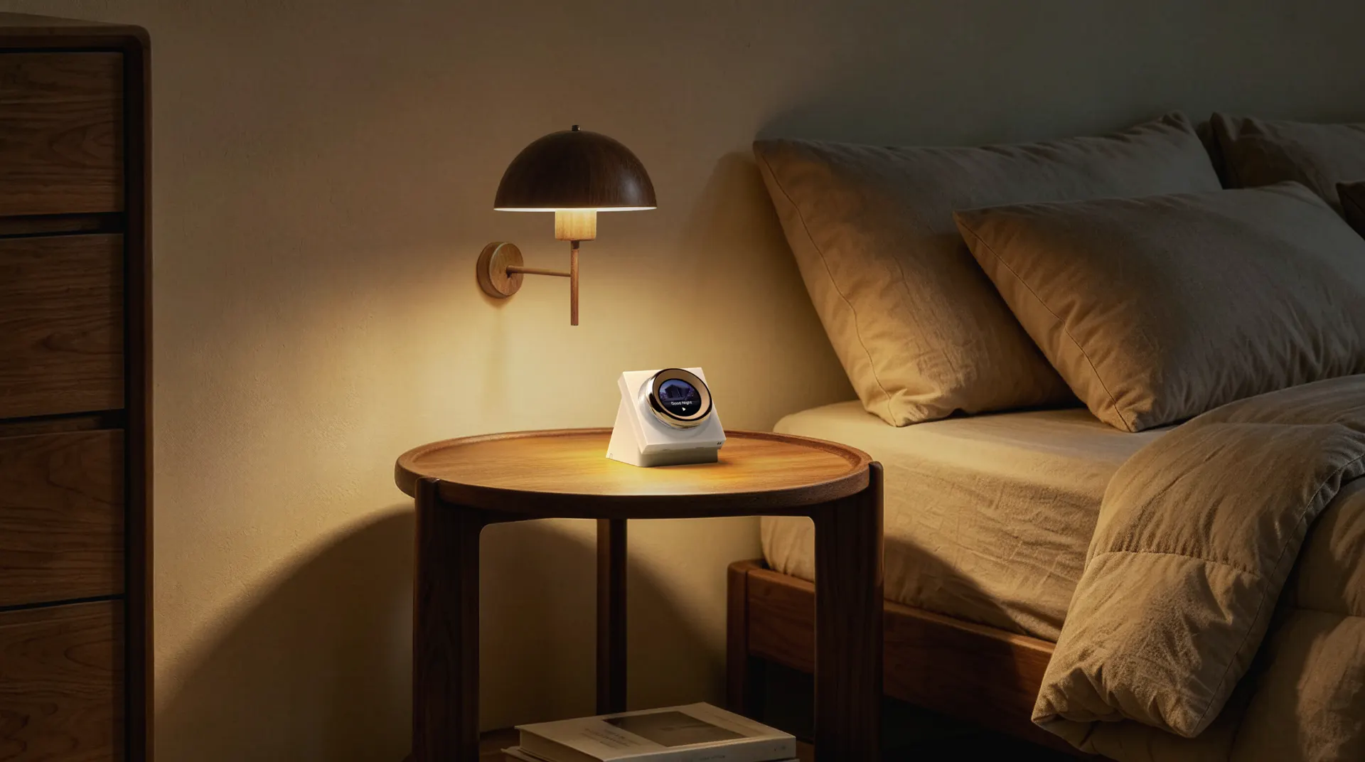 Aqara Touchscreen Dial V1 Desktop Version on a bedside table under a warm reading lamp