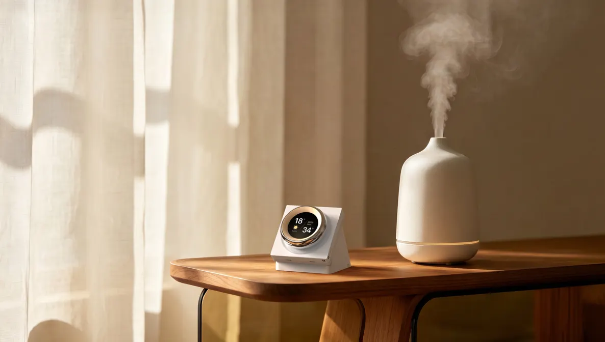 Aqara Touchscreen Dial V1 Desktop Version beside a humidifier on a side table