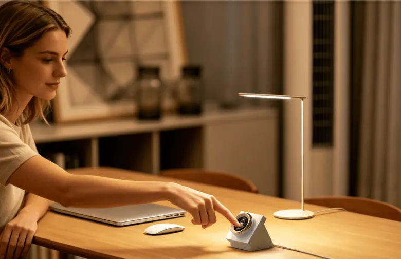 Person reaching across a desk to press the Aqara Touchscreen Dial V1 Desktop Version