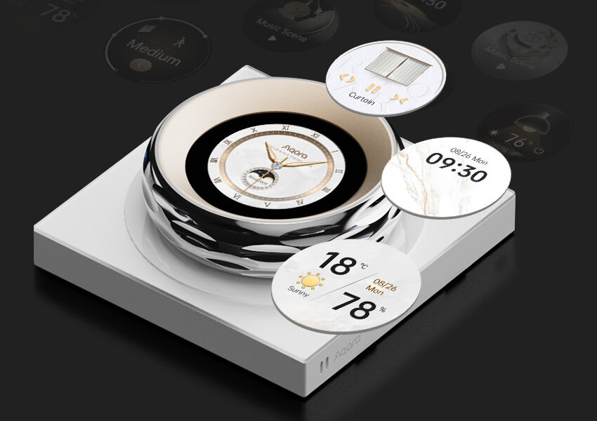 Touchscreen Dial V1 with floating screensaver faces showing time, weather and indoor conditions