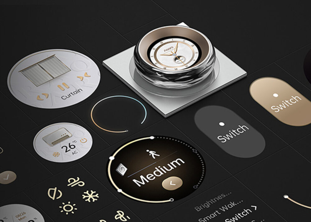 Touchscreen Dial V1 surrounded by on-screen controls for curtains, aircon, switches and scenes