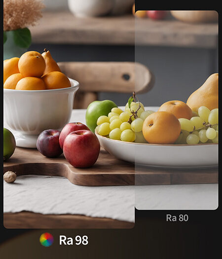 Side-by-side fruit still life comparing Ra98 rendering against Ra80