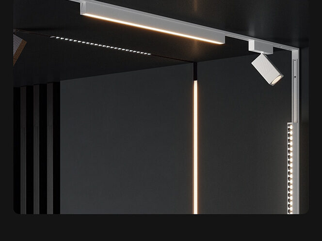 Aqara Track Light V1 magnetic track with a linear floodlight and spotlight running across a dark ceiling