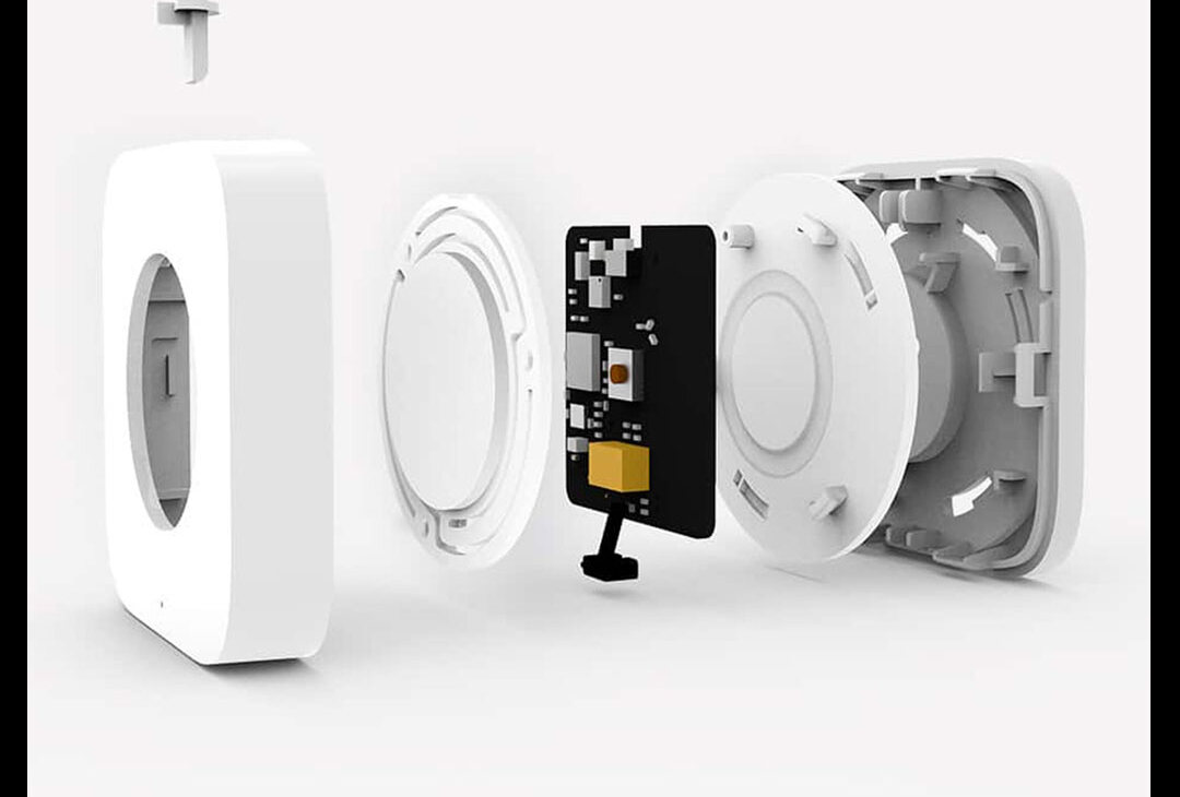 Exploded view of the Wireless Mini Switch T1 showing its housing, button and circuit board