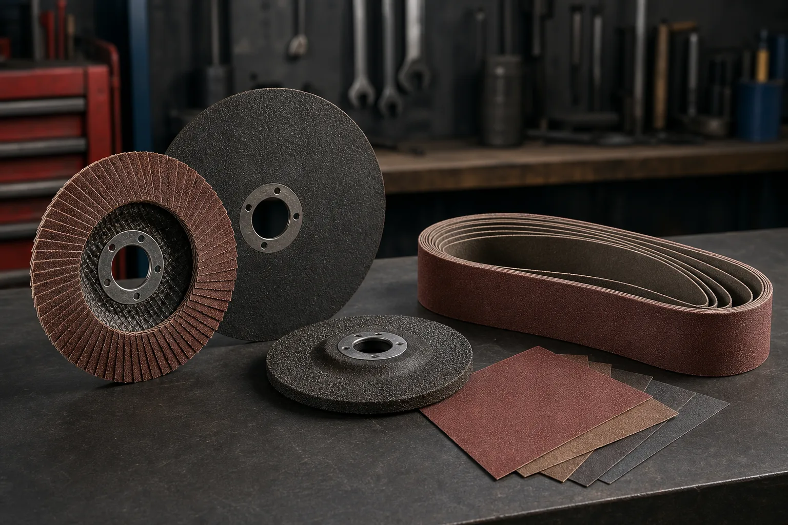 Abrasive flap disc, cutting disc, grinding disc, sanding belt and abrasive sheets arranged on a workshop bench