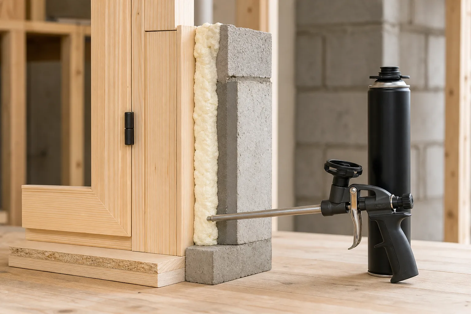 PU foam gun beside a door-frame cross-section with a controlled insulation foam joint