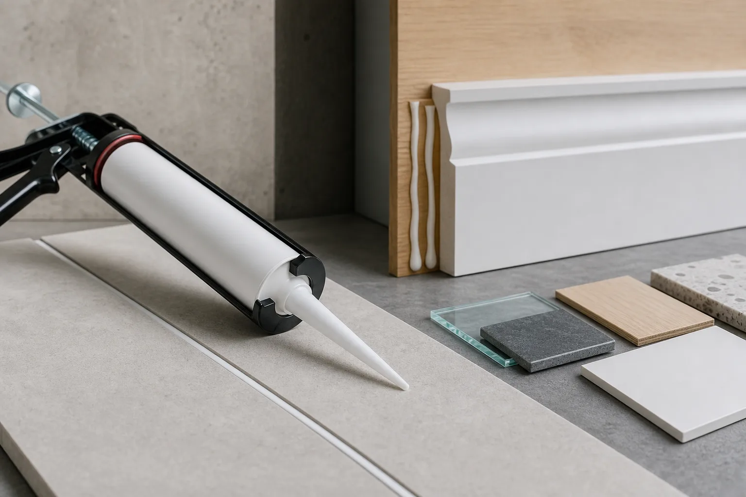 Caulking gun, sealant joint and skirting-board bonding samples on a technical demonstration bench